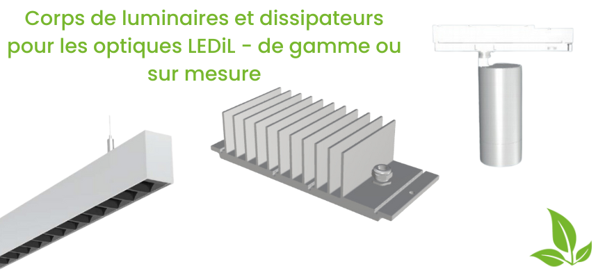 Nous avons développé une gamme stockée en France de corps de luminaires, extrusions et dissipateurs pour intégrer facilement les dernières innovations LEDiL. Nous vous accompagnons également sur des besoins sur mesure.